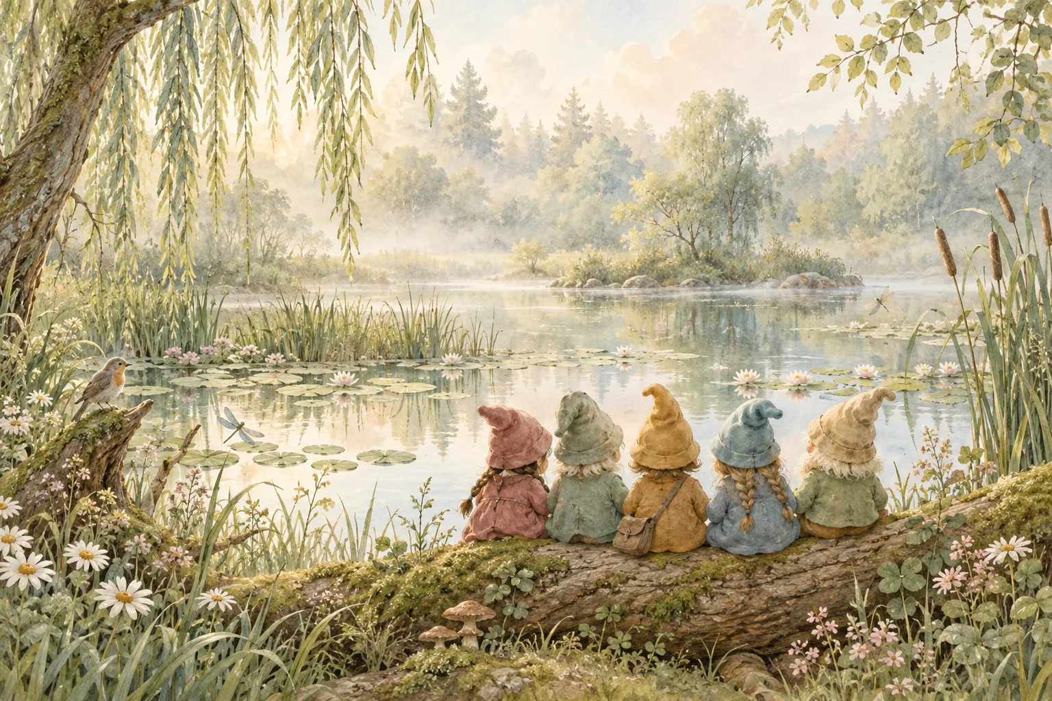 Aquarellillustration: Fünf kleine Wichtel sitzen gemeinsam am Teich und schauen aufs Wasser.